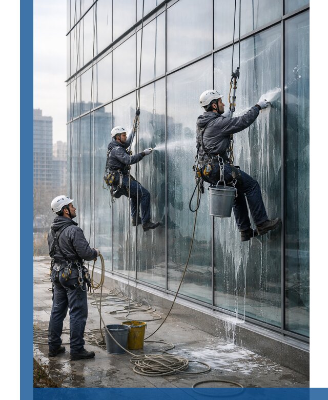 Промышленная мойка панорамных окон на высоте в Белогорске