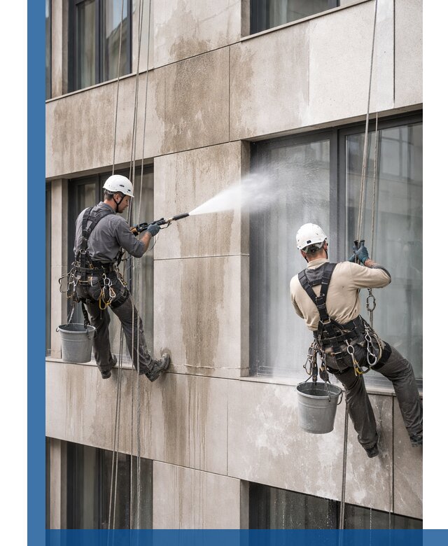 Послестроительная мойка фасада промышленным альпинизмом в Белогорске