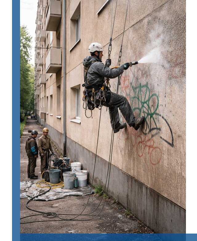 Удаление граффити с фасада в Белогорске без следов и повреждений