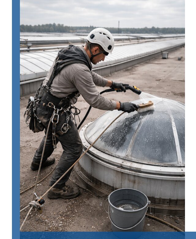 Мойка зенитных фонарей на кровле для промышленных объектов в Белогорске