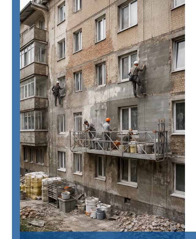 Капитальный ремонт фасада в Белогорске с восстановлением и гидроизоляцией