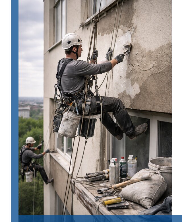 Косметический ремонт фасада зданий в Белогорске промышленными альпинистами