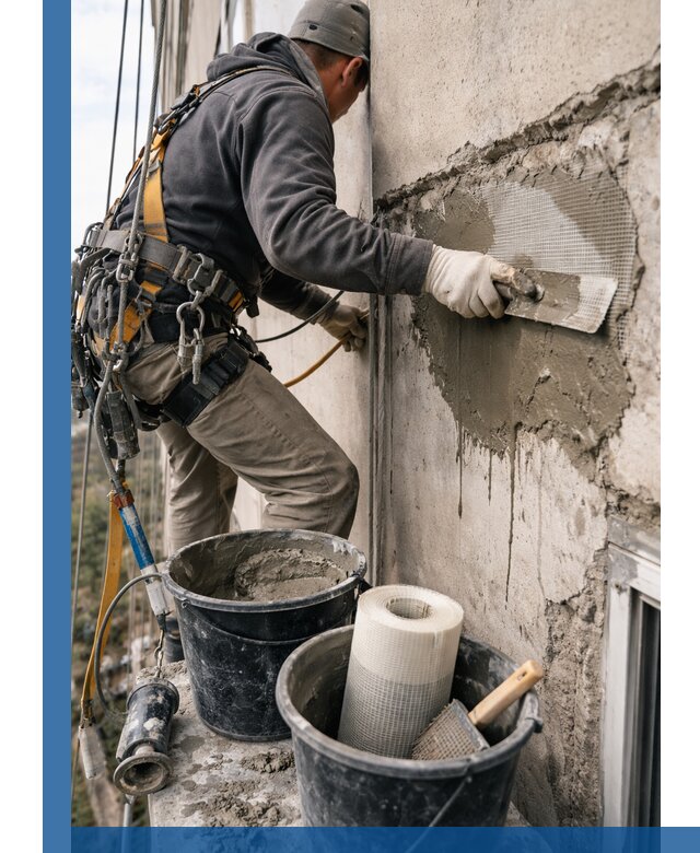 Ремонт бетонных элементов фасада промышленными альпинистами в Белогорске