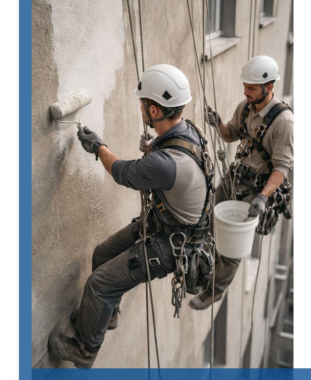 Грунтовка фасада на высоте в Белогорске промышленными альпинистами