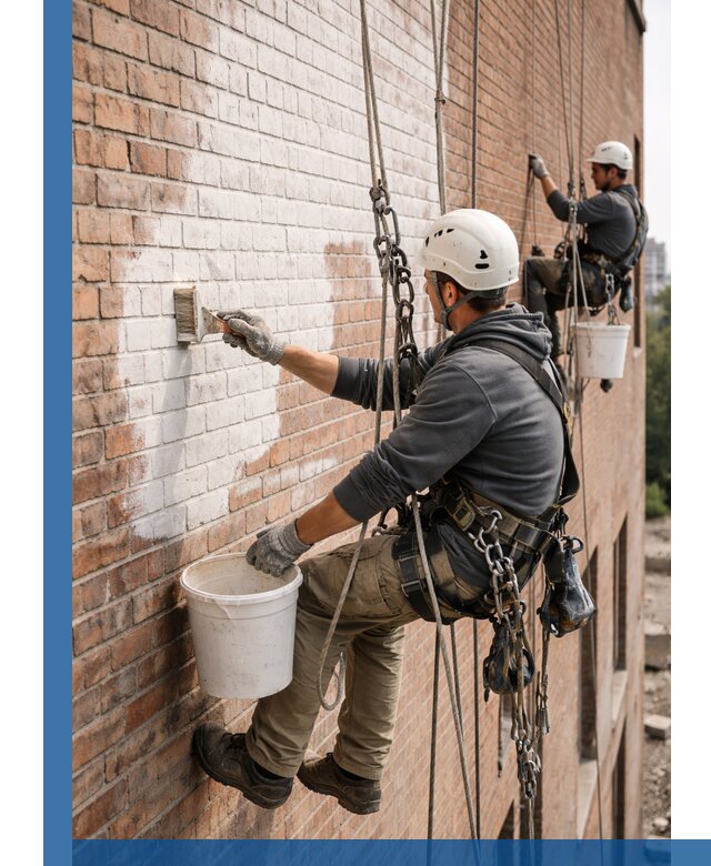 Покраска кирпичного фасада с доступным альпинистским сервисом в Белогорске