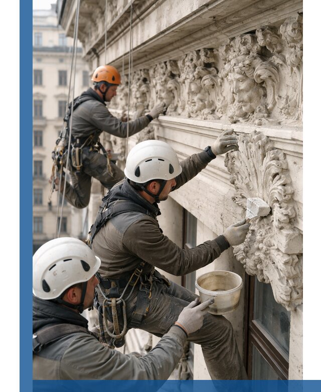 Реставрация фасадной лепнины с высотными работами в Белогорске