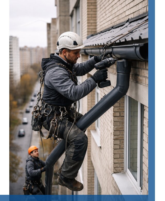 Монтаж водосточной системы на здании в Белогорске от 5101 р. | ВЫСОТНИК-Бгк