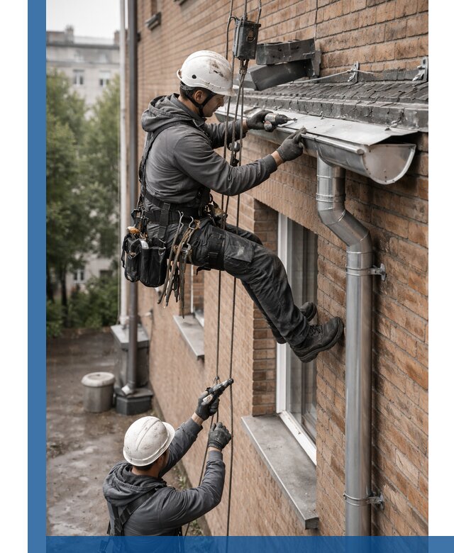 Монтаж водосточной системы на здании в Белогорске под ключ