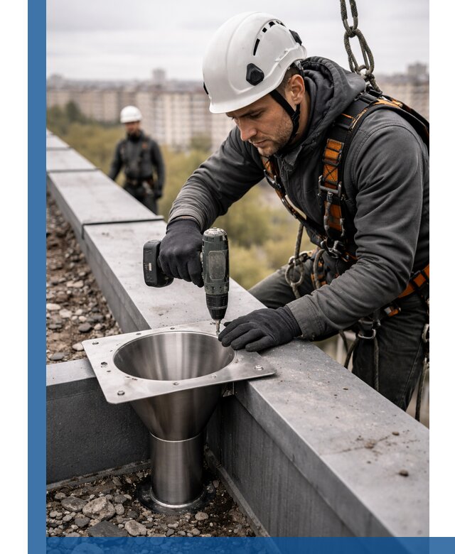 Монтаж водосточных воронок в Белогорске для промышленных зданий