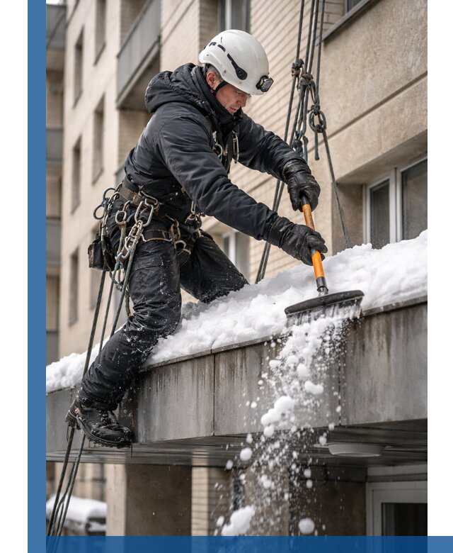 Очистка козырьков от снега в Белогорске круглогодично безопасно