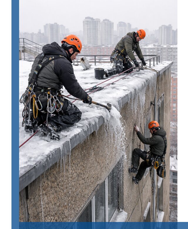 Удаление наледи с кровли в Белогорске промышленными альпинистами