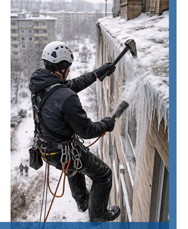 Сбивание сосулек с крыши в Белогорске по цене от 4591 р. | ВЫСОТНИК-Бгк