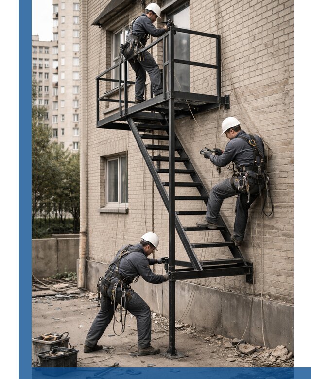 Монтаж пожарной лестницы в Белогорске, установка и крепление