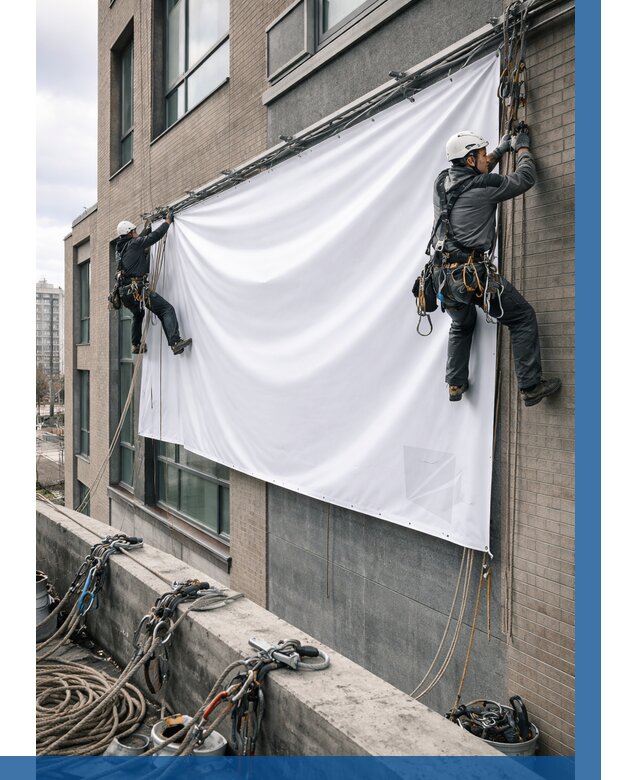 Монтаж баннеров на фасаде в Белогорске от 663 р. заказать ВЫСОТНИК-Бгк