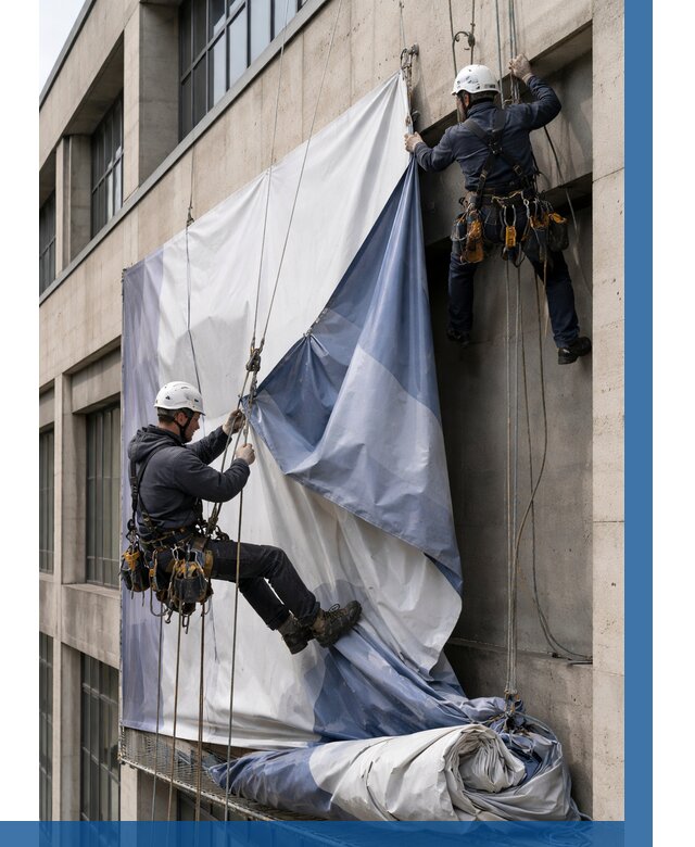 Демонтаж баннеров с фасада в Белогорске от 4591 р. | ВЫСОТНИК-Бгк