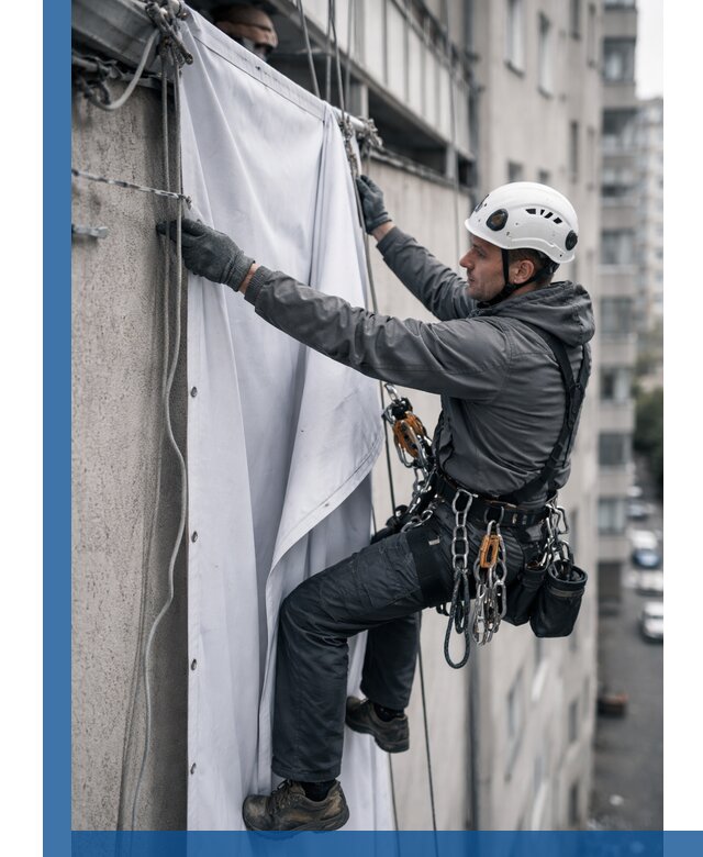 Замена баннерного полотна промышленными альпинистами в Белогорске