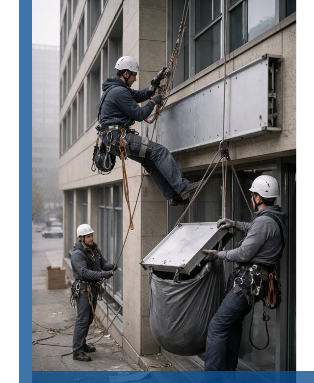 Демонтаж рекламной вывески с высотными работами в Белогорске