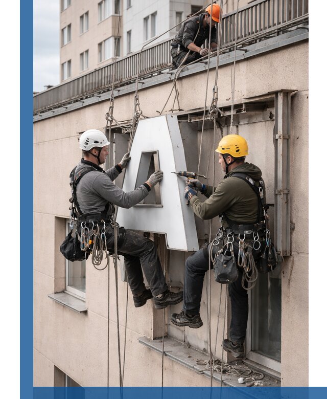 Ремонт и восстановление наружных вывесок на высоте в Белогорске