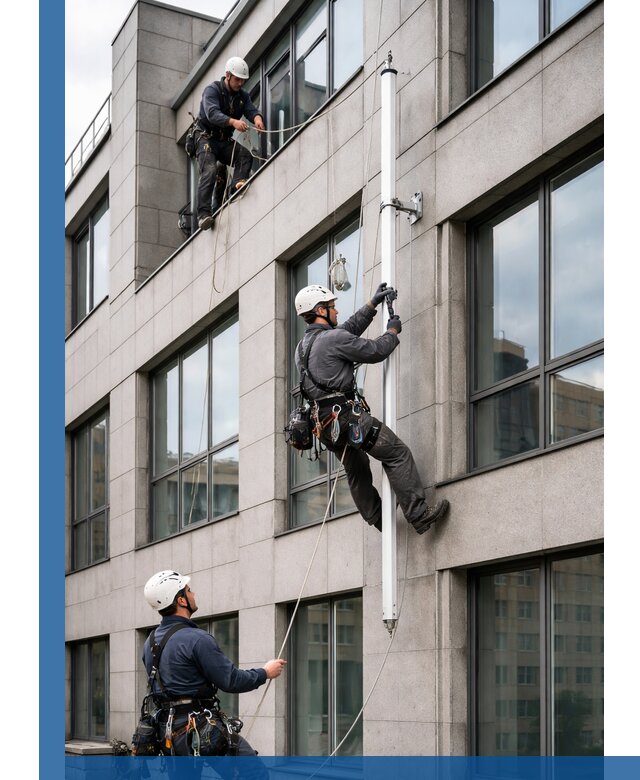 Монтаж флагштока на фасаде здания с креплением и герметикой в Белогорске