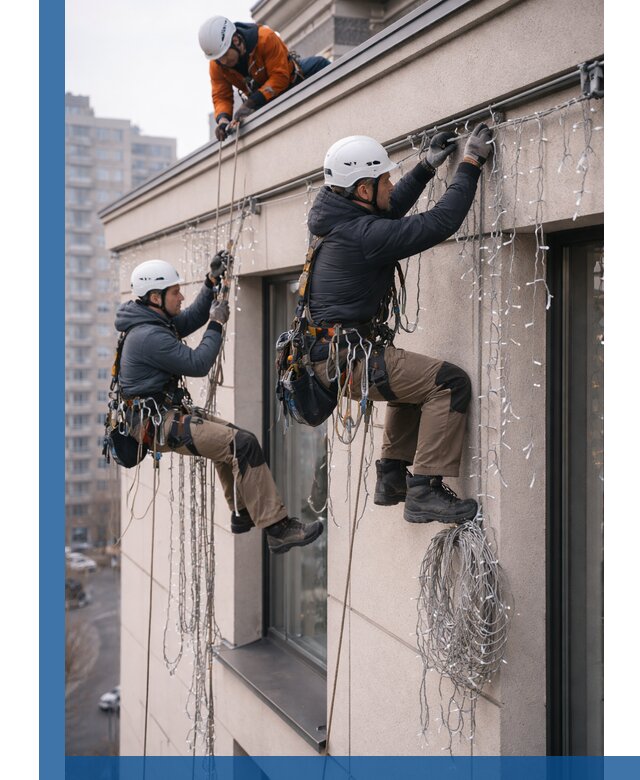 Монтаж праздничных гирлянд на фасаде в Белогорске для зданий