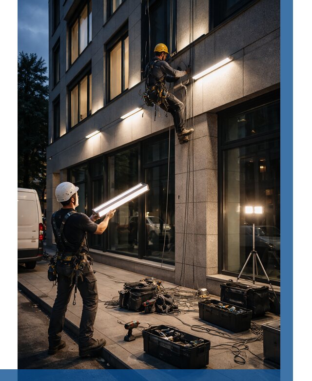 Монтаж архитектурной подсветки здания в Белогорске от 2551 р.|ВЫСОТНИК-Бгк