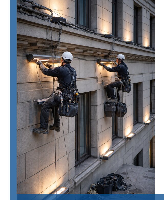 Монтаж архитектурной подсветки фасадов зданий в Белогорске