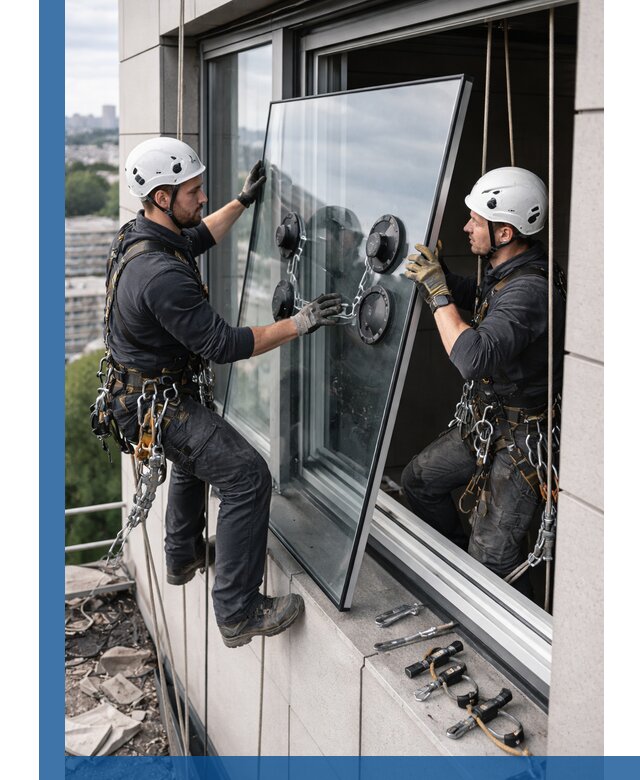 Замена стеклопакетов на высоте с промышленными альпинистами в Белогорске