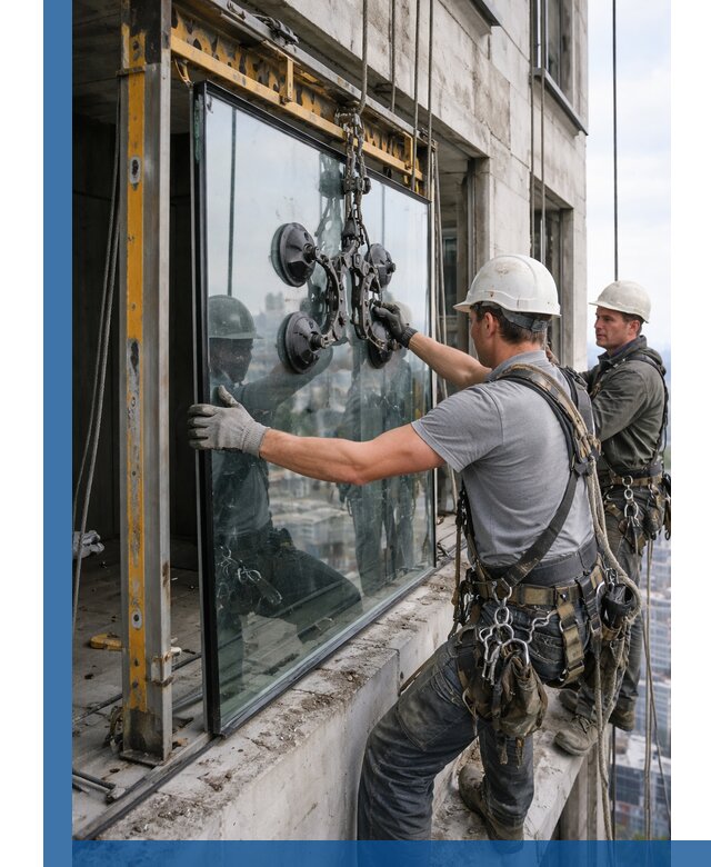 Монтаж стеклопакетов на высоте в Белогорске с промышленным альпинизмом