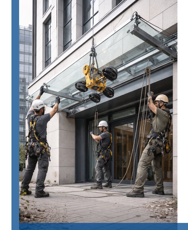 Монтаж стеклянных козырьков под ключ в Белогорске для зданий