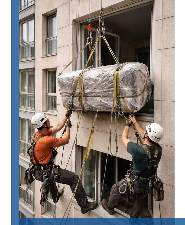 Подъем грузов через окно в Белогорске промышленными альпинистами