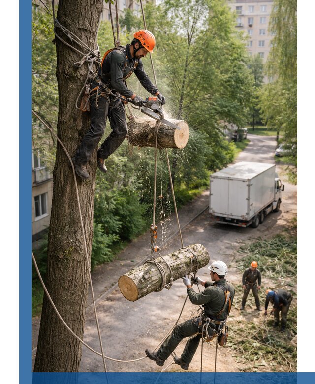 Спил деревьев альпинистами в Белогорске, безопасно и без повреждений