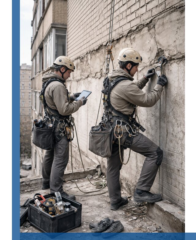 Обследование фасада промышленными альпинистами в Белогорске