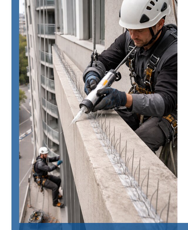 Установка шипов от птиц на фасадах и кровлях в Белогорске